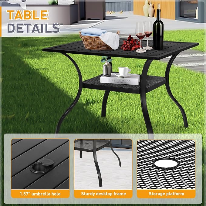 Incbruce 5 Piece Outdoor Dining Set, Wrought Iron Patio Dining Set with 4 Chairs and 1 Square Table (1.57" Umbrella Hole) for Garden, Backyard