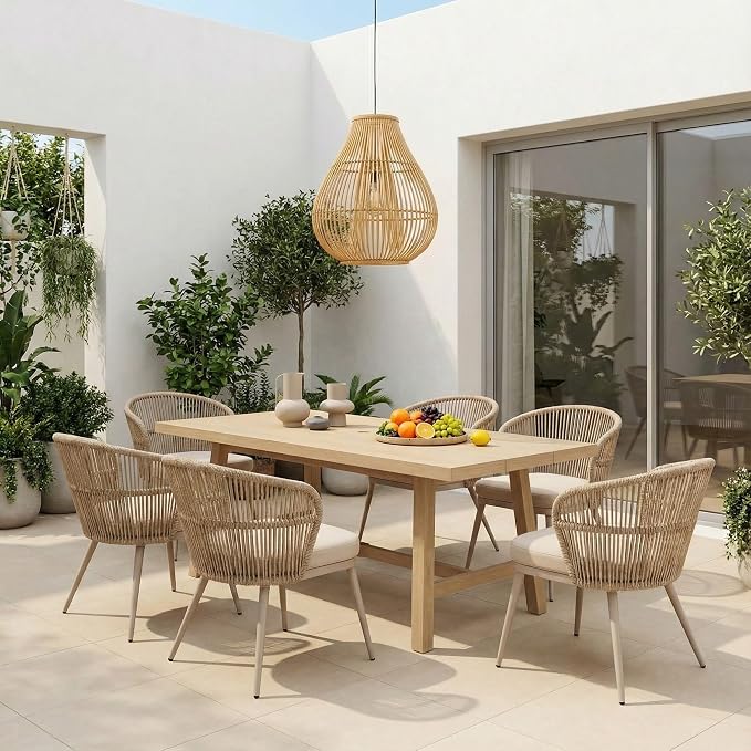 SUNSITT 7 Piece Outdoor Patio Dining Set, Patio Dining Furniture Set with 76” Aluminum Dining Table w/Umbrella Hole and 6 Woven Wicker Outdoor Patio Chairs w/Removable Cushions for Garden, Beige