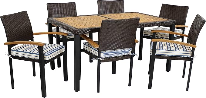 Sunnydaze Carlow 7-Piece Rattan and Acacia Outdoor Dining Set - 1 Table and 6 Chairs with Seat Cushions - Blue Stripe