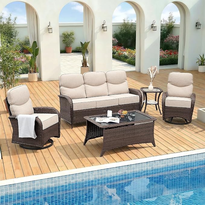 Patio Furniture Set with Luxury 6" Cushions, 5 Pcs High Back Swivel Rocking Patio Chairs and Couch, Outdoor Wicker Conversation Set for Deck, Porch, Backyard, Poolside, Beige