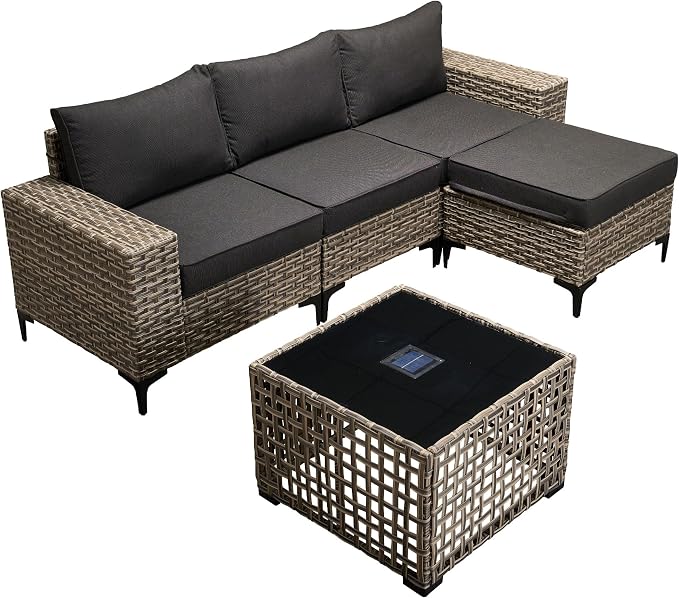 5-Piece Wicker Outdoor Sectional Furniture, Wide Armrest L-Shaped Patio Couch Set with Ottoman Thick Cushion, Modular Conversation Sets with Solar Table for Backyard Porch Balcony, Black