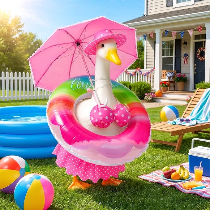 Mastom Porch Goose Outfits Fits 23" Statue Summer Outfits with Hat Swim Ring and Parasol Hawaiian Porch Goose Clothes Costume for Outdoor Patio Yard Decor