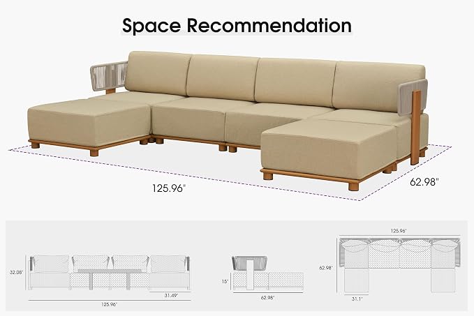 PURPLE LEAF Patio Furniture Set Modular U-Shaped Outdoor Sectional Sofa with 11" Thick Olefin Cushion 6-Piece Outdoor Conversation Set w/Coffee Lights & Ottomans for Backyard Garden Poolside, Beige