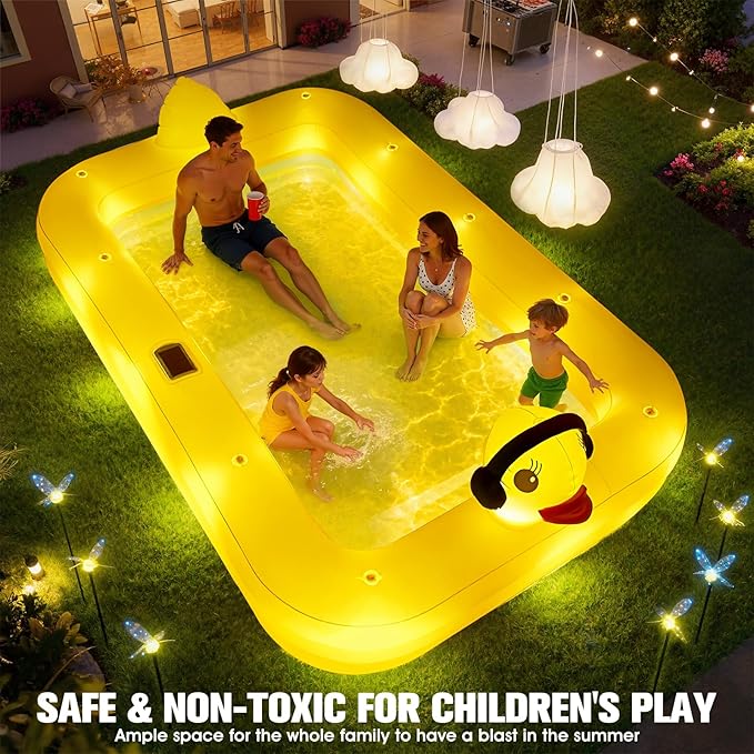FizZeal Inflatable Pool with Lights,Solar Duck Inflatable Swimming Pool for Kid,Blow Up Pool for Adults,Large Inflatable Kiddie Pool,Durable Thickened Family Inflatable Kid Pool for Backyard 99*62*21