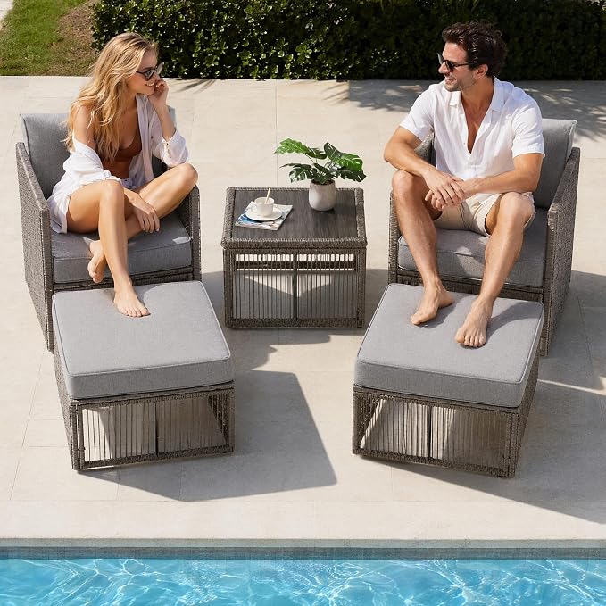 5 Piece Patio Furniture Set, Outdoor Sectional Sofa Set with 2 Ottomans, Coffee Table, Washable Cushions, All Weather Patio Wicker Conversation Set with Arm Chairs for Backyard, Porch, Balcony, Deck