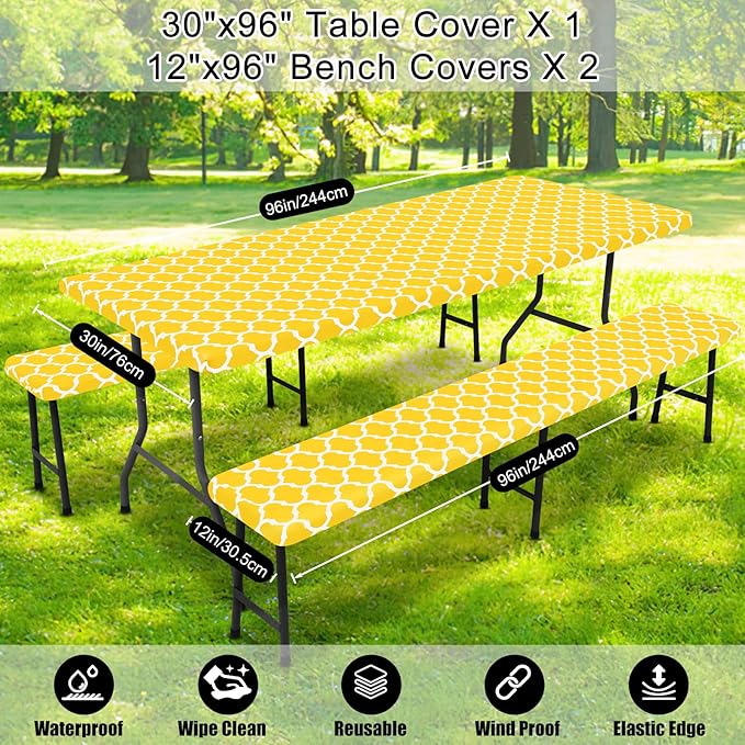 Smiry Picnic Table Cover with Bench Covers, Waterproof Elastic Fitted Tablecloth for 8 Foot Tables, Washable Polyester Tablecloths for Camping, Indoor & Outdoor (Yellow, 30x96 Inch 3-pc Set)