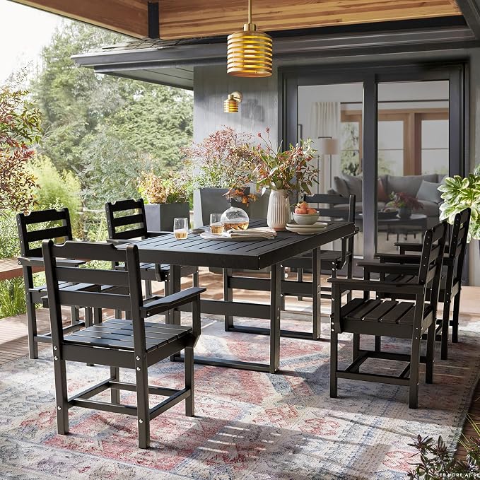 7 Piece Outdoor Dining Set All Weather HDPE Patio Table and Chairs Set for 6 with Umbrella Hole Outdoor Furniture for Deck, Backyard, Garden (Black)