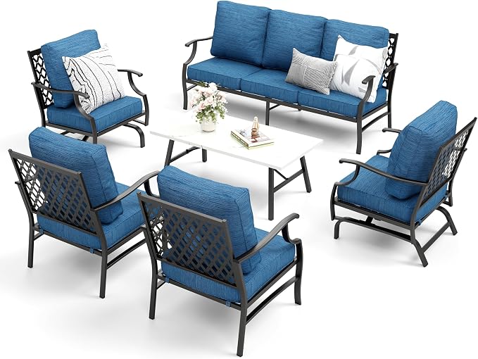 MIXPATIO Patio Furniture Set 6 pcs, Outdoor Patio Furniture, 1 X 3-Seat Sofa, 2 X Single Chairs, 2 X Rocker Chairs, 1 X Coffee Table and 5.75" Extra Thick Cushion, Conversation Set,Gemstone Blue