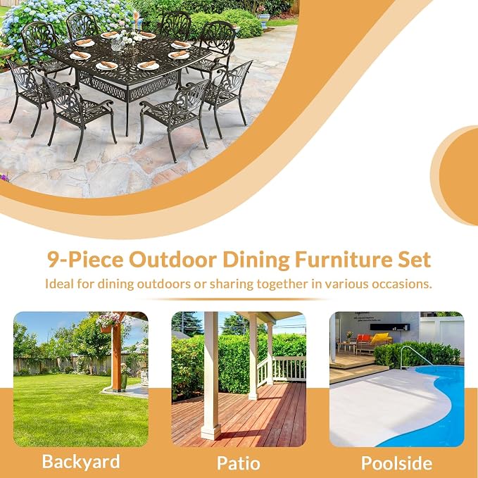 9 Piece Outdoor Patio Dining Set for 8, Cast Aluminium Large Square Dining Table & 8 Stackable Chairs, Umbrella Hole, Patio Furniture Set for Garden Porch Poolside, Dark Bronze