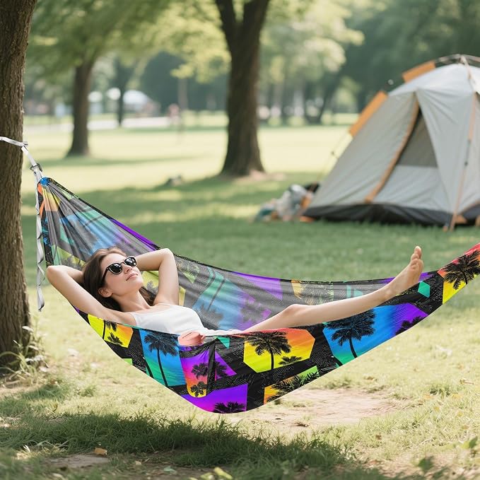 Camping Hammock Outdoor Hammocks for Outside Geometric Palm Tree Beach Trees Portable Lightweight with Pockets Tree Straps Indoor Small