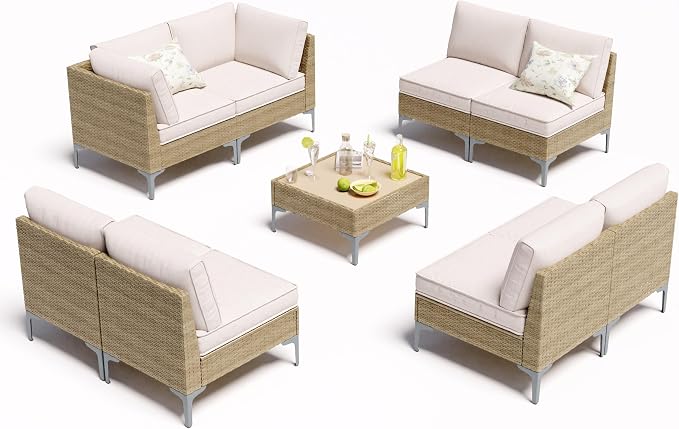 Jing's Villa 9-Piece Outdoor Patio Furniture Set,Rattan Conversation Sectional Sofa w/Coffee Table, All-Weather Patio Conversation Set with Thick and Anti-Slip Cushions for Backyard,Deck,Beige