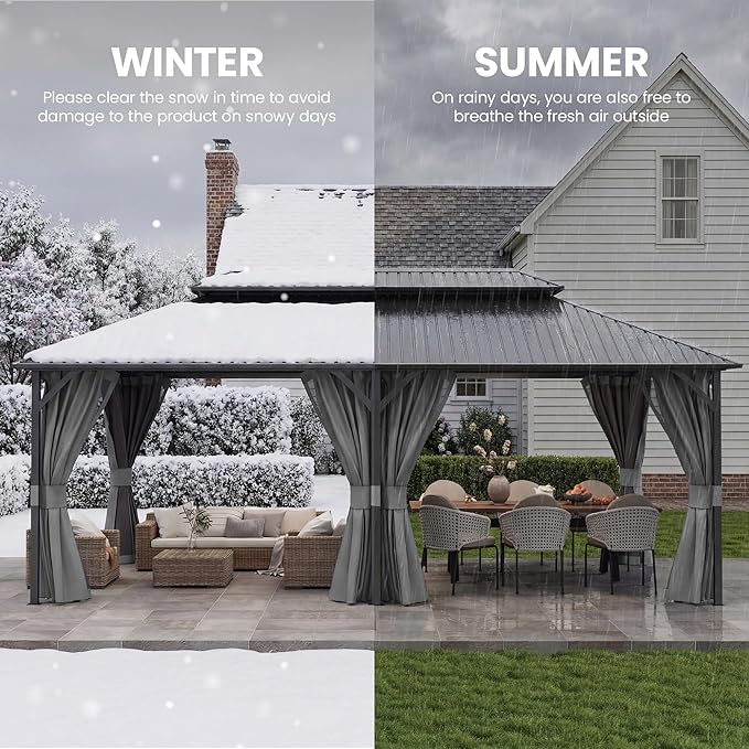 UDPATIO 12'x20' Hardtop Gazebo, Outdoor Metal Gazebo with Galvanized Steel Double Roof, Permanent Pavilion with Netting and Curtains for Lawn, Garden, Patio, Grey