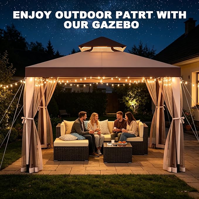 Outdoor Gazebo for Patio, 10×10 Canopy Tent with Mosquito Nettings & Double Roofs, Easy Setup Canopy Shelter for Party, Patio Gazebo for Lawn, Backyard, Garden (Red, 10'x10')