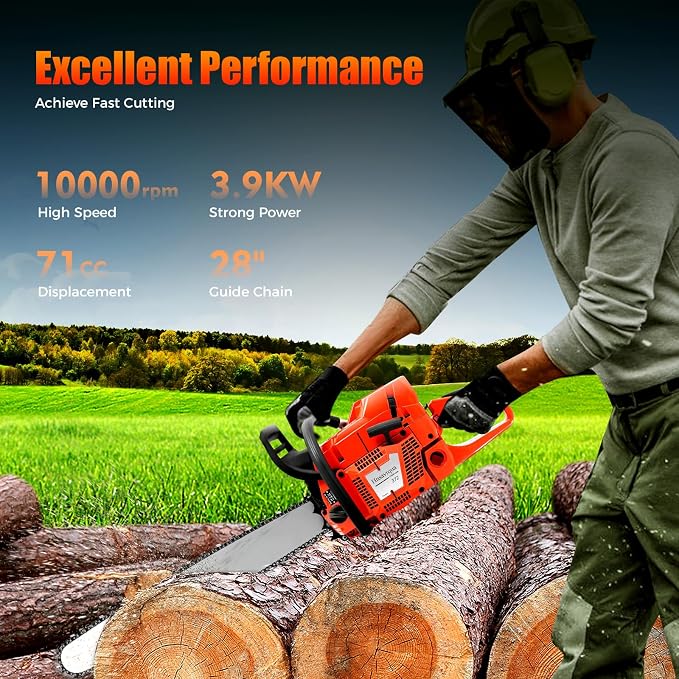 71CC Gas Chainsaw, 3.9KW 28" Handheld Cordless Petrol Chain Saw with 18.6OZ Fuel Tank, 2-Stroke Gas Powered Chainsaw for Garden Pruning Tree Wood Cutting Thickened Blade Design, 10000Rpm High Speed