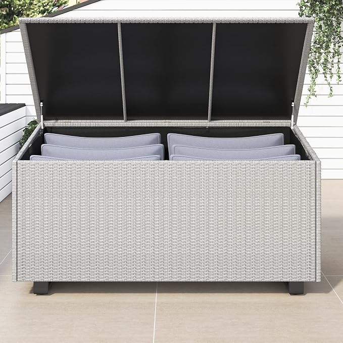 Lepus Large Outdoor Waterfroof Deck Box, 210 Gallon Rattan Deck Storage Box with Built-in Waterproof Bag for Seat Cushion on Patio Garden, Poolside (210, Grey)