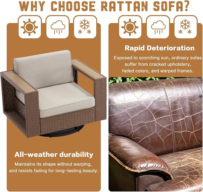 7 Pieces Outdoor Patio Furniture Set, PE Rattan Weaving Sofa with 10 inch Thick Cushions, Dining Table and Coffee Table with Steel Frame and Wooden Board, Brown/Light Gray Linen