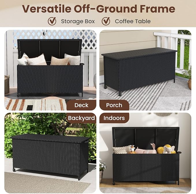 Tangkula Rattan Deck Box, 85 Gallon Storage Container with Waterproof Liner, Wheels & Gas Strut, Indoor Outdoor Wicker Storage Cabinet, Storage Furniture for Pillows, Cushions (Black)