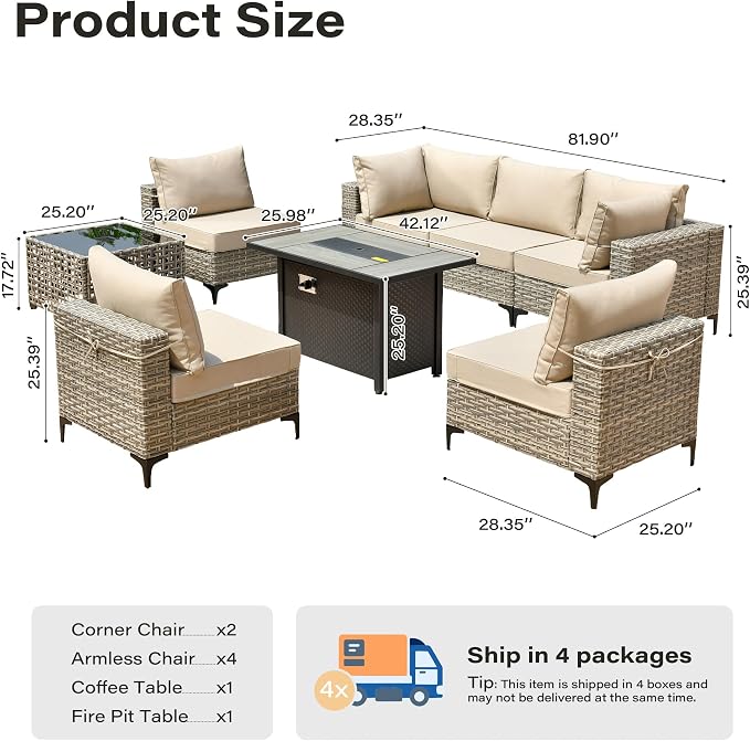 8 Pieces Patio Furniture Set with 42" Fire Pit, All-Weather Rattan Outdoor Sectional Conversation Sets L Shaped Sofas with Solar Light Coffee Table for Porch Balcony Backyard Beige