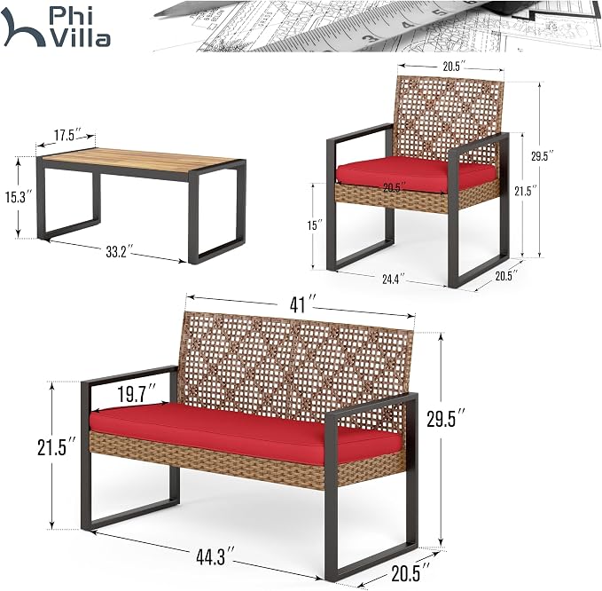 PHI VILLA Patio Wicker Furniture Set for 4, Brown Rattan Loveseat & Chairs with Red Cushions & Acacia Wood Coffee Table, Outdoor Modern Conversation Sofa Set for Deck, Yard, Porch