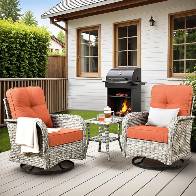 Outdoor Swivel Rocker Patio Chairs,Wicker Glider Swivel Rocking Chair Set of 2,Patio Rocking Swivel Chair Set with Rattan Side Table for Porch Deck Balcony Garden,Orange Red
