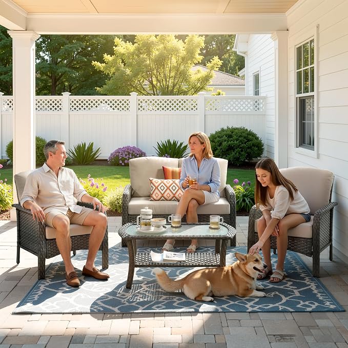 Weaxty Wicker Patio Furniture Set High Back Loveseat Sofa Couch Armchair Coffee Table, All Weather Rattan 4 Pieces Outdoor Conversation Sets for Patio Porch Deck Backyard Poolside, Beige