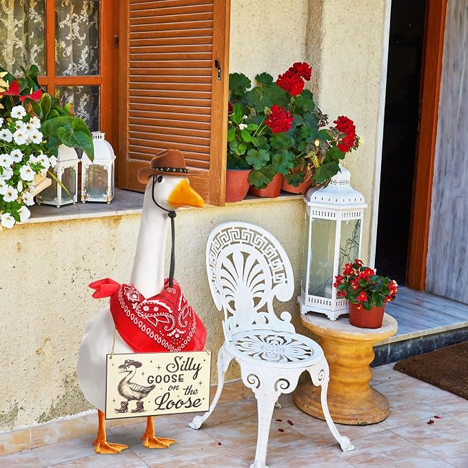 Funny Porch Goose Outfit Decoration Set Silly Goose on The Loose Hangings Sign Cowboy with Outfit Cowboy Hat Bandana for 23" Cement/Plastic Outdoor Statue Patio Yard Lawn Art(Red)