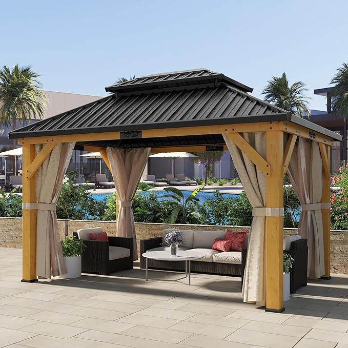 DWVO 11X13FT Gazebo Wood Outdoor Wooden Frame Double Roof Hardtop Galvanized Steel Top Canopy w/Curtain and Netting, Patio Heavy Duty for Deck, Backyard, Beige Yellow