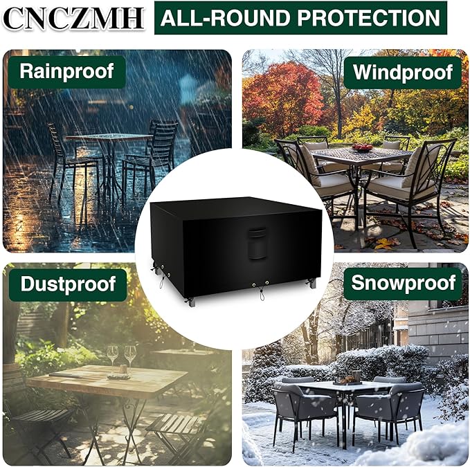 Square Heavy Duty Patio Table Covers Waterproof, 600D Outdoor Dining Table and Chair Set Covers, Outdoor Furniture Cover Waterproof for Sectional Sofa Couch 126''L x 126''W x 32''H, Black