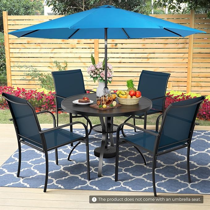 Incbruce 6 PCS Patio Dining Set with Sky Blue Umbrella, Outdoor Dining Set of 4 Textilene Chairs and 41" Round Table with Umbrella Hole for Backyard, Garden, and Poolside (Blue)