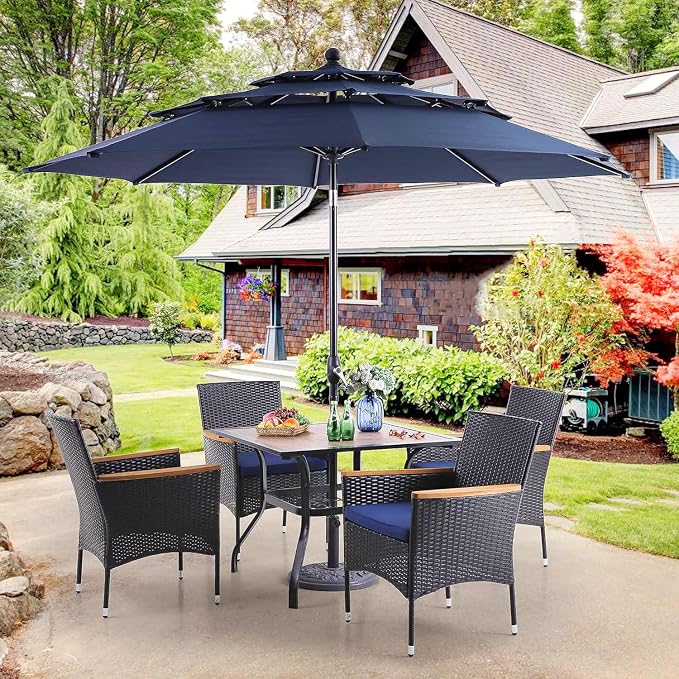 PHI VILLA 5pc Patio Dining Set with Umbrella, Square Table, Rattan Chairs | 37" Wood-like Metal Table, Cushioned PE Rattan chairs, 10ft Navy Blue 3 Tier Auto-tilt Umbrella (Base Not Included)