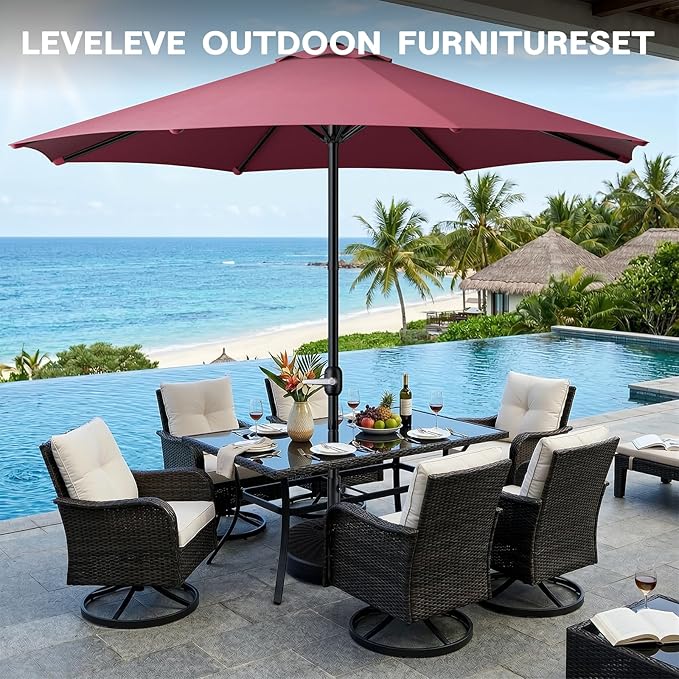LEVELEVE 9FT Outdoor Patio Umbrella with Easy Crank - UV Resistant & Waterproof Market Umbrella with Ventilated Canopy, 8 Sturdy Ribs & Powder-Coated Frame for Garden, Deck, Backyard, Pool, Patio Table
