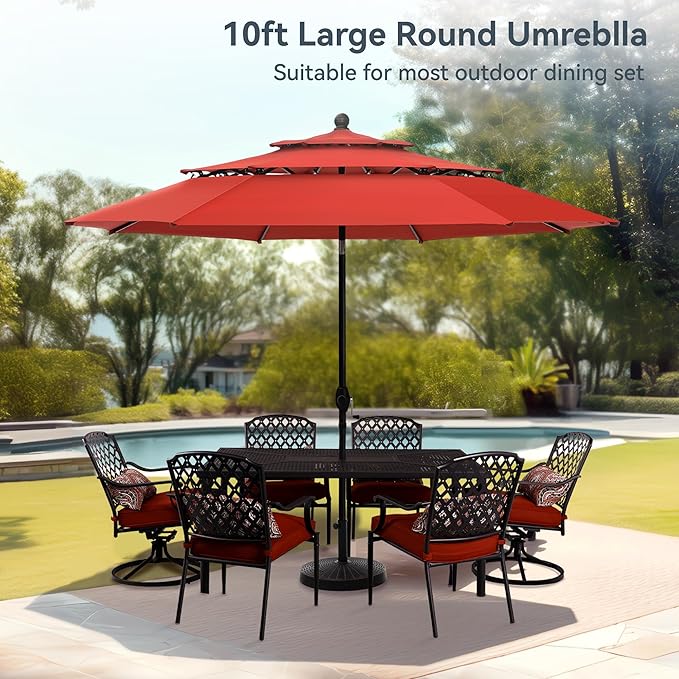 PHI VILLA 10ft Patio Umbrella Outdoor 3 Tier Vented Market Table Umbrella with 1.5" Umbrella Pole and 8 Sturdy Ribs, (Orange Red)(No Base)