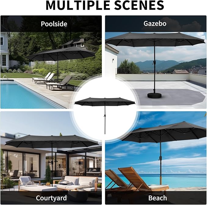 13 ft Patio Umbrella with Base, Large Rectangle Outdoor Umbrella with Matching Stand, Strap, Crank, Black