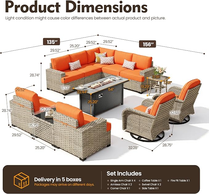 HOOOWOOO Sectional Patio Furniture Set with Fire Pit Table,12 Pieces Wicker Outdoor Furniture L Shaped Couch,Outside Conversation Set Extra Deep Seat Sofa Wide Arm Swivel Chairs Solar Light,Brick Red