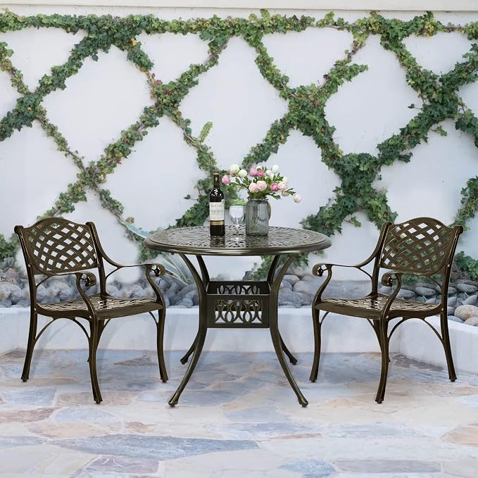VIVIJASON 3-Piece Patio Furniture Dining Set, All-Weather Cast Aluminum Outdoor Bistro Set, Include 2 Chairs and 35.4" Round Table w/Umbrella Hole for Balcony, Lawn, Garden, Backyard