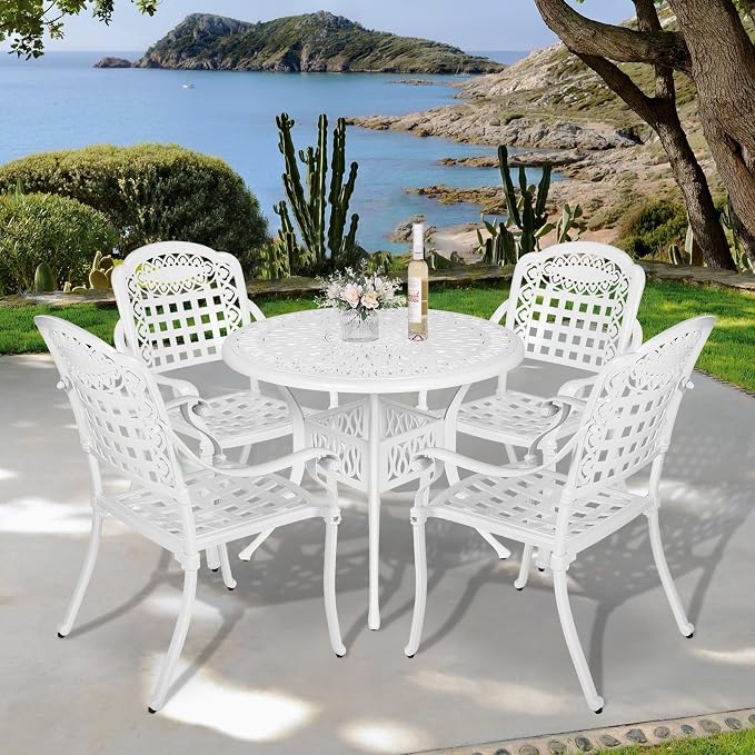 VIVIJASON 5-Piece Outdoor Patio Furniture Dining Set, All-Weather Cast Aluminum Conversation Set, Include 4 Chairs and 38.5" Round Table w/Umbrella Hole for Balcony, Lawn, Garden, Backyard, White