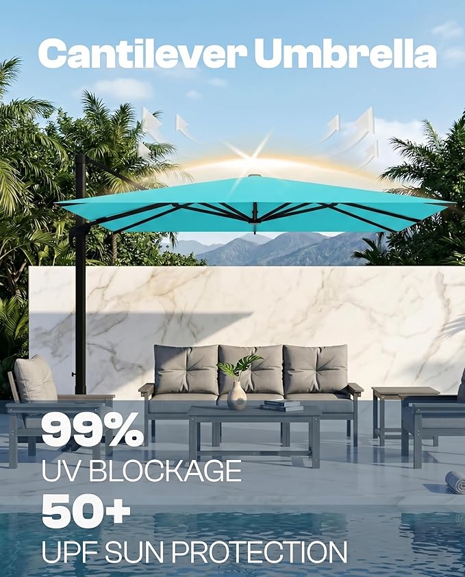9x9 FT Square Cantilever Umbrella,Easy Tilt, Fade Resistant & 360° Rotation, Offset for Pool Deck Backyard Patiopeacock blue (Base not Included)