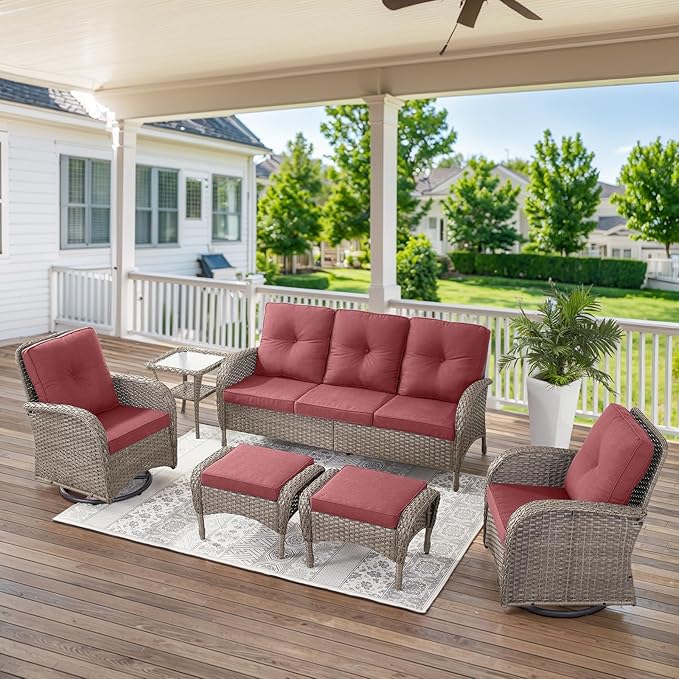 Belord Outdoor Ottomans for Patio Foot Rest - 25 Inch PE Wicker Foot Stool Set of 2 with Removable Cushions for Patio Furniture Sets,All Weather Rattan Ottoman for Balcony Deck Gray/Red