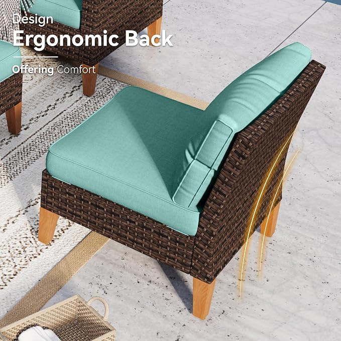 GREEN PARTY 8 Pieces Wicker Patio Furniture Set, All-Weather Outdoor Rattan Half-Moon Curved Patio Sectional Sofa Conversation Set 8 Seats with 4" Thick Cushions for Backyard, 2 x Ottomans (Blue)
