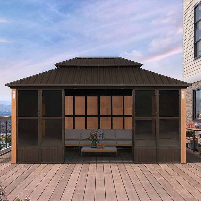 PURPLE LEAF 12' X 16' Outdoor Hardtop Gazebo with Galvanized Metal Roofs Patio Wood Grain Aluminum Frame with Screens and Doors for Deck Garden Bronze