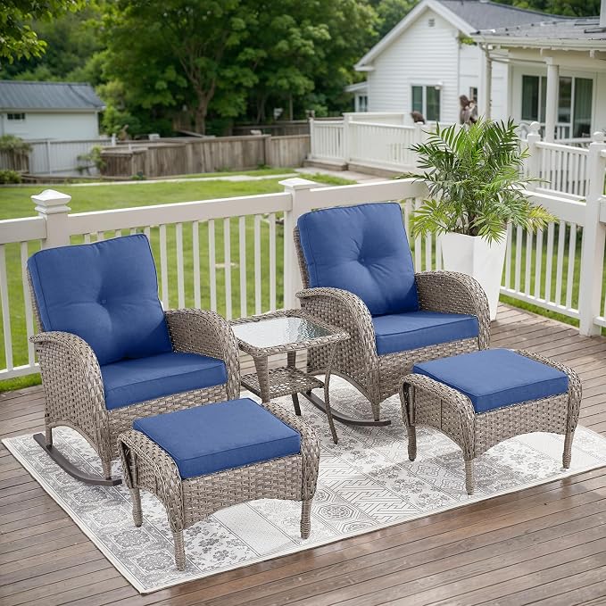 Belord Patio Rocking Chairs Wicker Set - Outdoor Rocking Chairs Set of 2 with Side Table, 3 Piece Patio Rocker Furniture Set with Water-Resistant Cushions for Porch Balcony Backyard