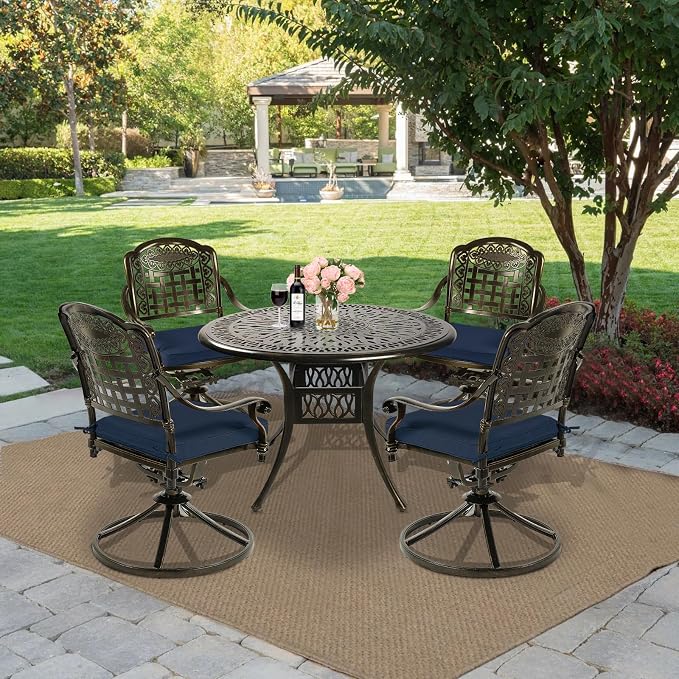 MEETWARM 5-Piece Outdoor Patio Dining Set, All-Weather Cast Aluminum Patio Conversation Set with 4 Cushions Swivel Rocker Chairs for Backyard Garden Deck and 35.4" Round Table, Navy Blue