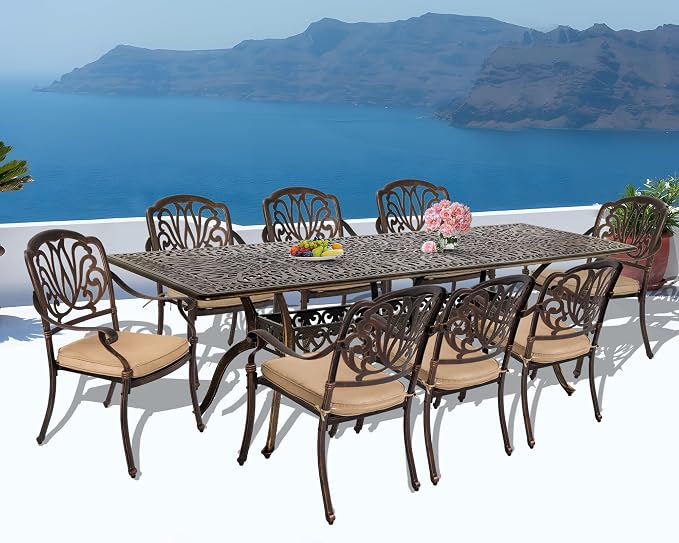 TITIMO 9-Piece Cast Aluminum Patio Furniture Set, Outdoor Patio Dining Set Bistro Conversation Set, Rectangular Dining Table Set w/Cushions Umbrella Hole (Khaki-Fixed Elizabeth Chair, 9 Pcs)