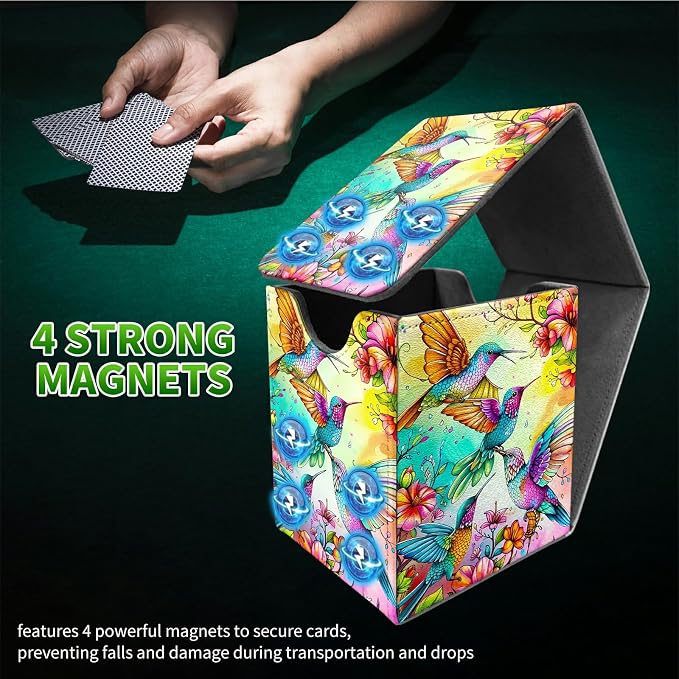 Deck Box for MTG, Cards Storage Box Fits 120+ Sleeved, Leather Medium Size Strong Magnetic Closing Card Case for Board Games Magic TCG CCG Baseball Collection, Four Birds Flowers