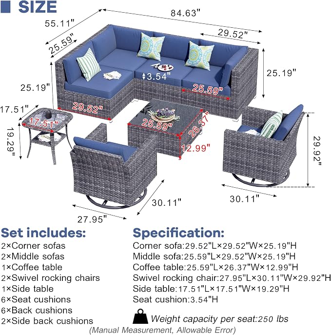 HOOOWOOO 8 Piece Patio Sectional Furniture Set with Swivel Rocking Chairs,Modern Wicker Outdoor Conversation Sofa Sets,Weather Resistant Modular L Shaped Outside Couch Set(Black)