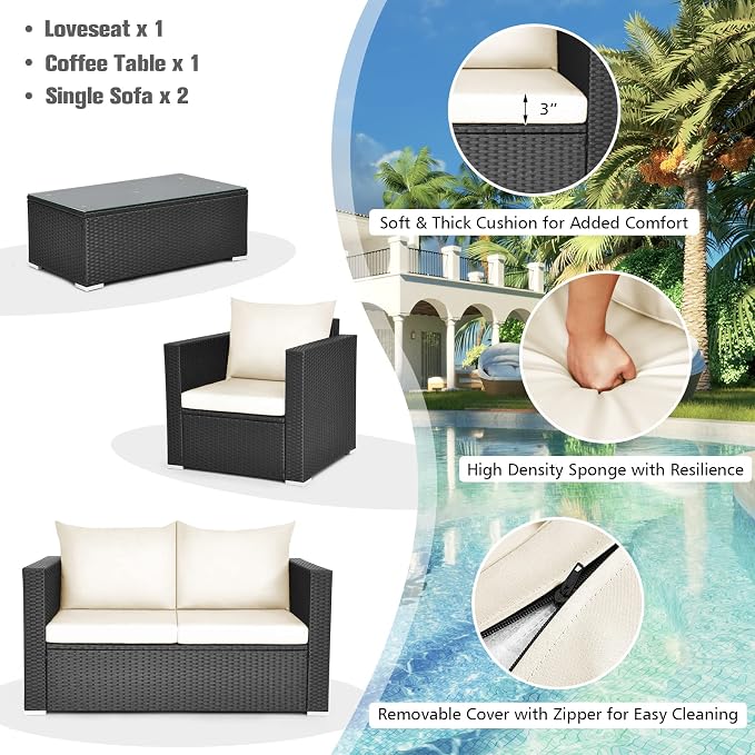 COSTWAY 4-Piece Patio Rattan Furniture Set, Cushioned Sofa Chair, Loveseat and Coffee Table with Tempered Glass Top, Outdoor Conversation Sets for Garden Poolside Balcony Porch (White)