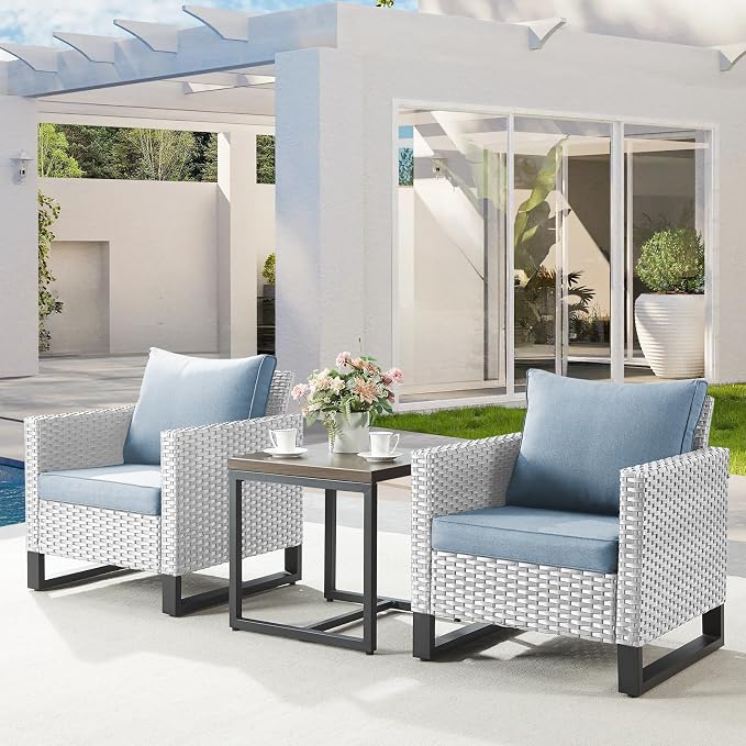 Belord Outdoor Bistro Set 3 Piece Outdoor Wicker Patio Chairs, Oversize Outdoor Rattan Seating Set, All-Weather Chairs Wicker Furniture with Side Table and Removable Cushion for Outside, Light Grey