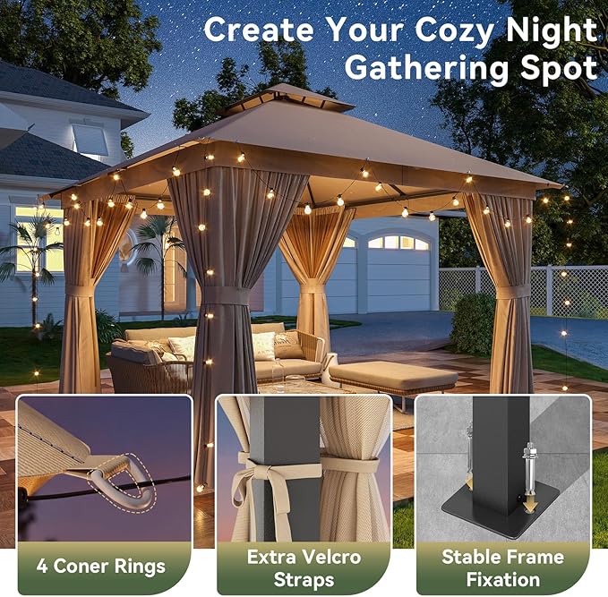10'x10' Gazebo, Outdoor Gazebo Metal Frame Canopy with Double Roofs, Heavy Duty Patio Tent Shelter with Mosquito Netting and Privacy Screen for Backyard, Beige