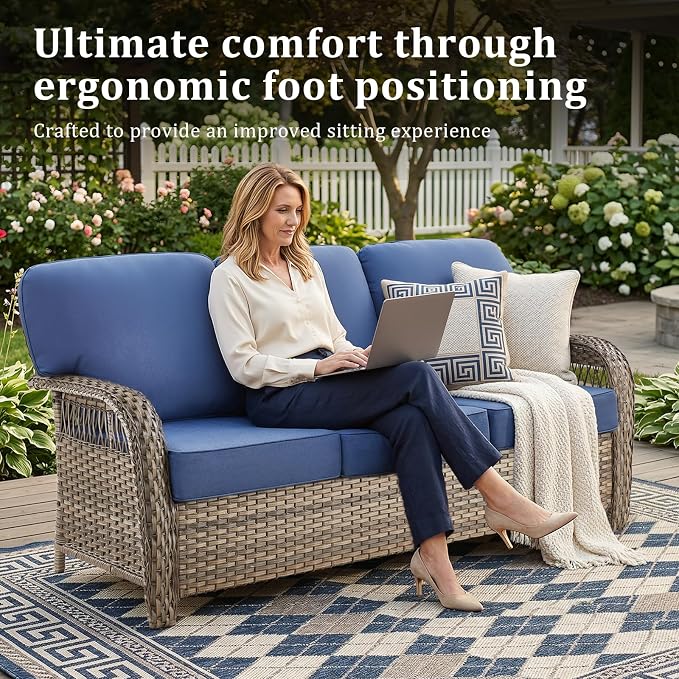 5 PCS Patio Furniture Set Outdoor Sectional Sofa Couch with Rocking Swivel Chairs 5" Deep Seat Chairs, Modern Wicker Rattan Conversation Set, Blue/Gray Wicker