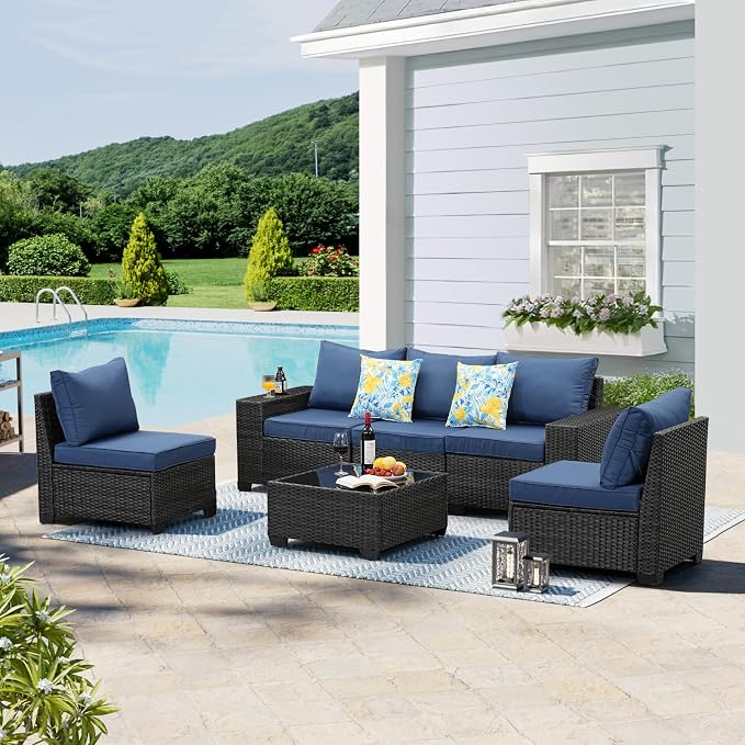 7-Piece Outdoor Patio Furniture Set, Modular Wicker Sectional Sofa with Thick Cushions & Coffee Table, All-Weather Rattan Conversation Set for Backyard, Porch, Poolside, Navy